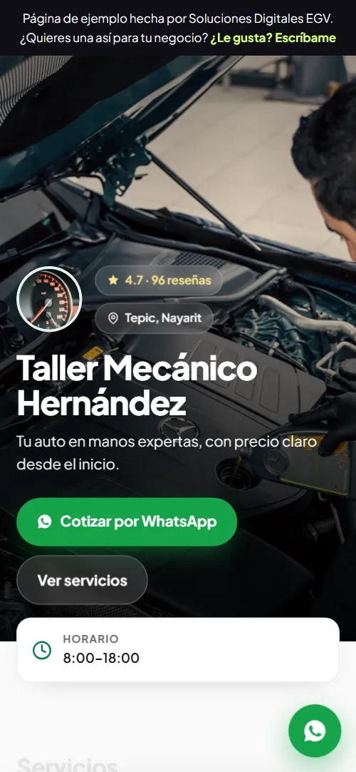 Página de ejemplo de un taller mecánico
